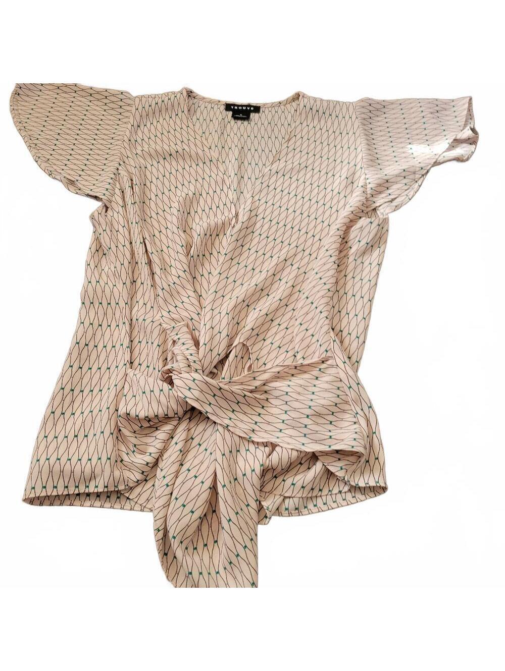 Trouve cream patterned flowy short sleeve wrap womens Size M Blouse